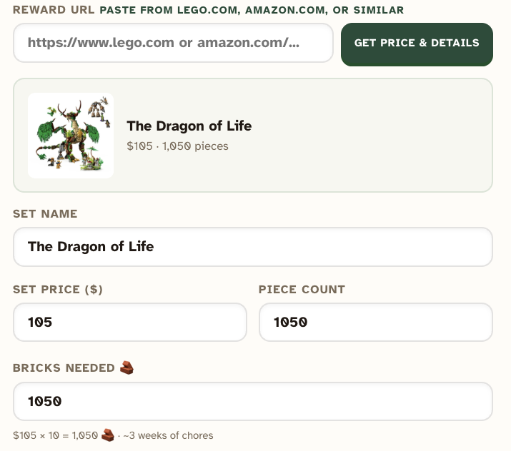 Goal screen where a product link is pasted in and the price, piece count, and bricks needed are filled in automatically