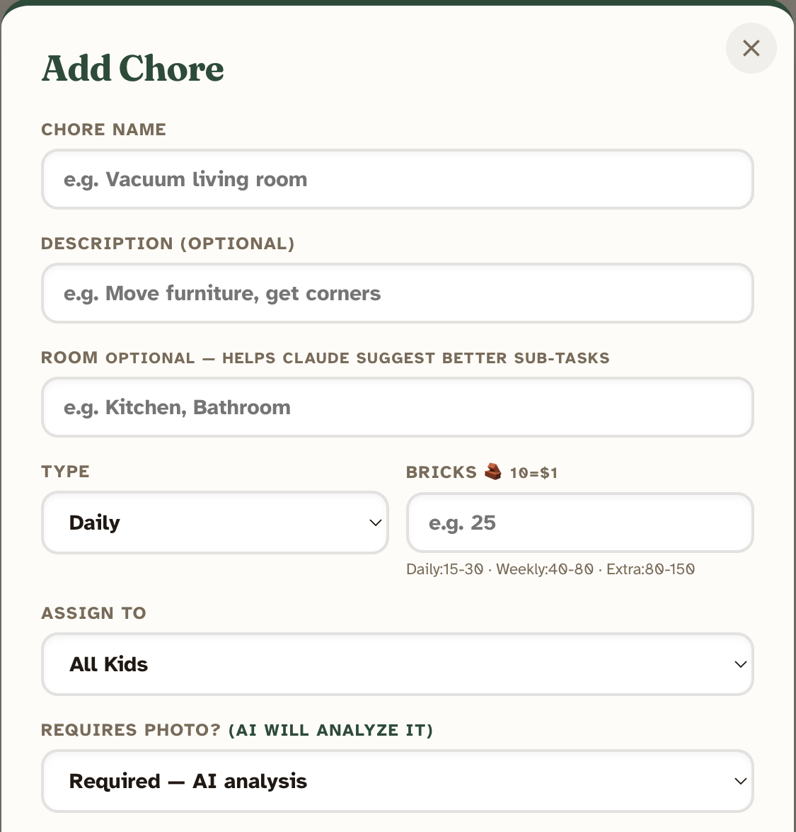 Add Chore screen showing a 'Requires photo — AI will analyze it' setting